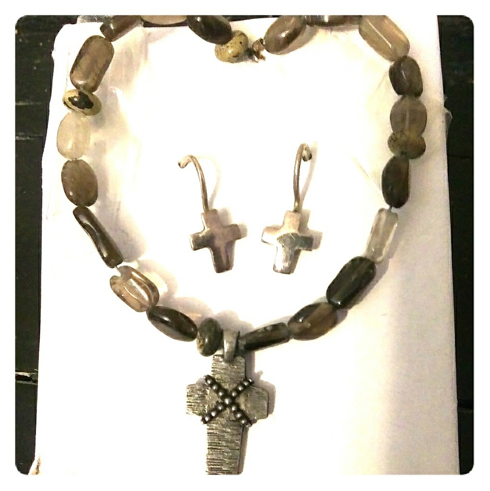 Silver Cross and Stone 2 piece Jewelry Set
